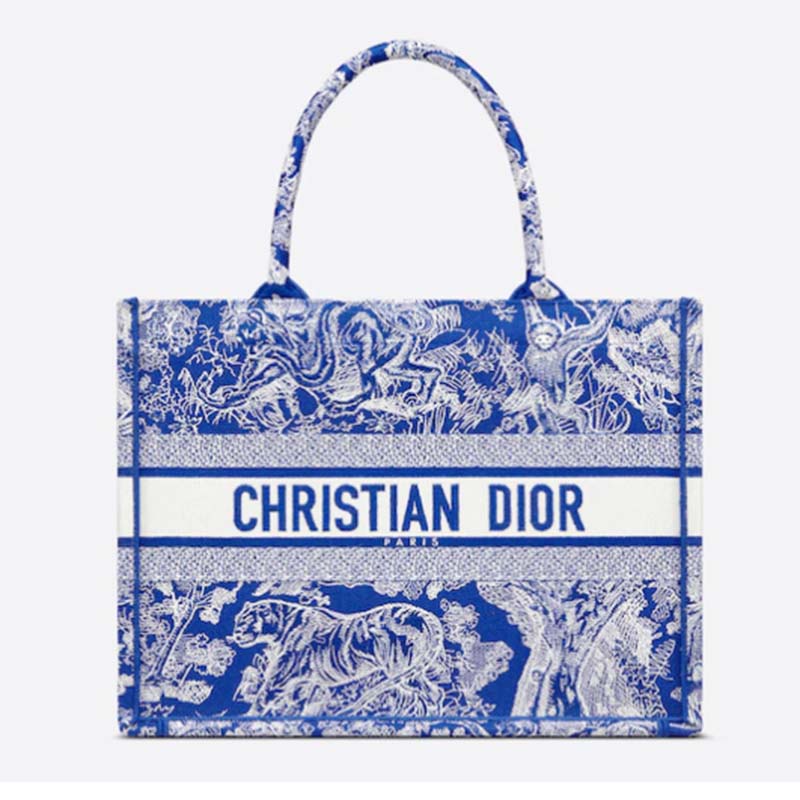 Dior Unisex CD Medium Book Tote Fluorescent Blue Toile De Jouy Reverse Embroidery