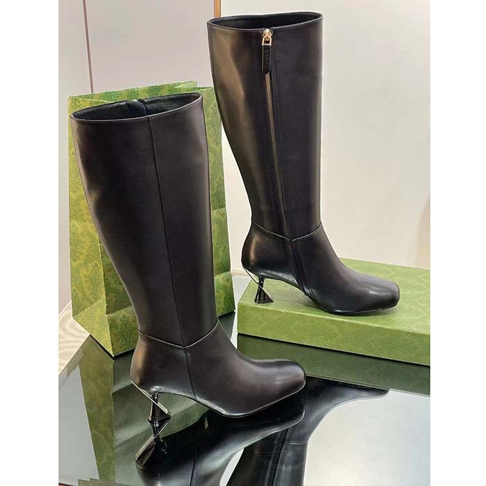 Gucci Women GG Boot Black Leather Geometric Heel Metal Inserts Mid-Heel