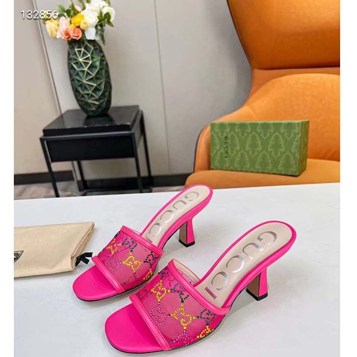 Gucci Women GG Mid Heel Slide Sandal Fuchsia GG Crystal Mesh 7.4 CM Heel