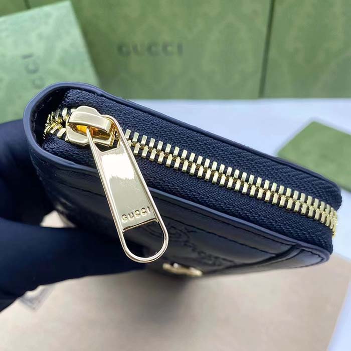 Gucci Unisex GG Marmont Zip Around Wallet Black Matelassé Leather Double G
