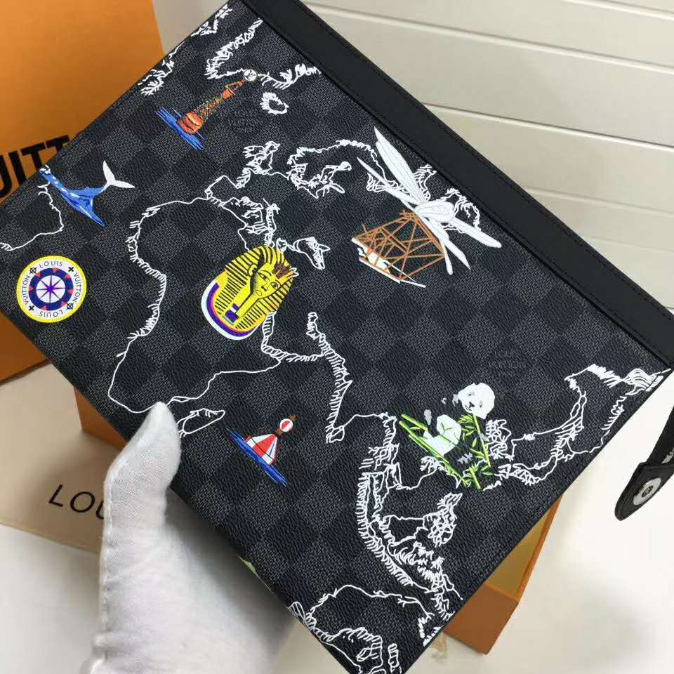 Louis Vuitton LV Unisex Pochette Voyage MM Bag in Damier Graphite Coated Canvas-Grey