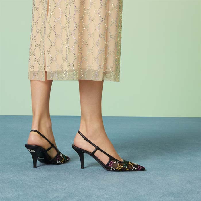 Gucci Women GG Slingback Pump Black GG Crystal Mesh Leather Mid 7.6 cm Heel