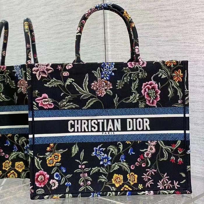 Dior Women CD Large Book Tote Black Multicolor Dior Petites Fleurs Embroidery