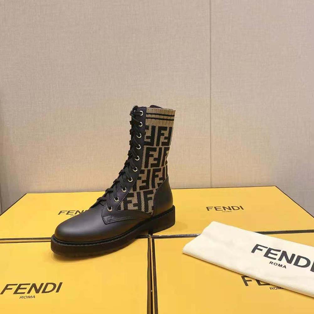Fendi Women Rockoko Black/Brown Leather Biker Boots with Stretch Fabric