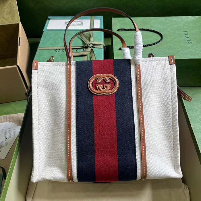 Gucci Women GG Small Interlocking G Tote Bag White Cotton Canvas