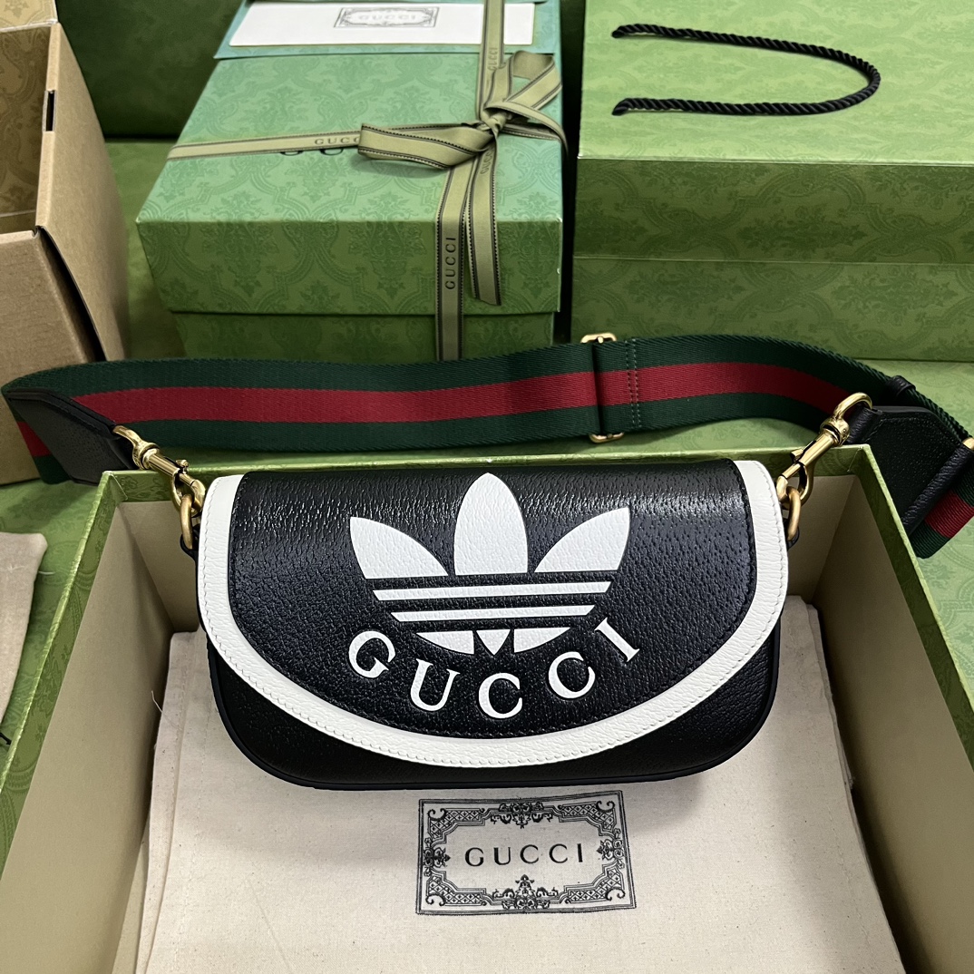 Gucci Unisex GG Adidas x Gucci Mini Bag Black Leather Off White Trefoil Print