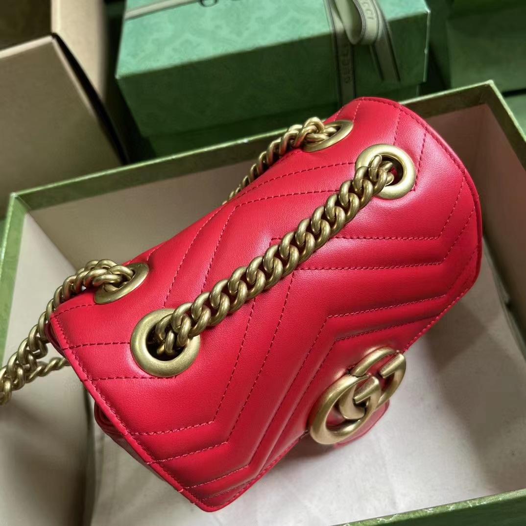 Gucci Women GG Marmont Matelassé Mini Shoulder Bag Red Matelassé Chevron Leather
