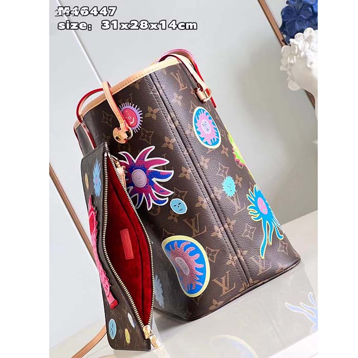 Louis Vuitton LV Unisex LV x YK Neverfull MM Monogram Coated Canvas Faces Print Embroidery