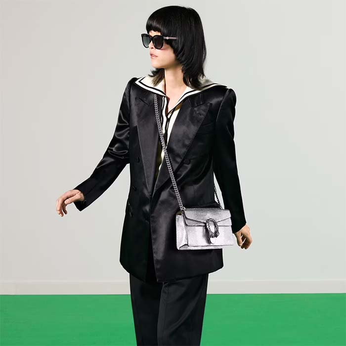 Gucci Women Dionysus Small Shoulder Bag Silver Lamé Leather Tiger Head