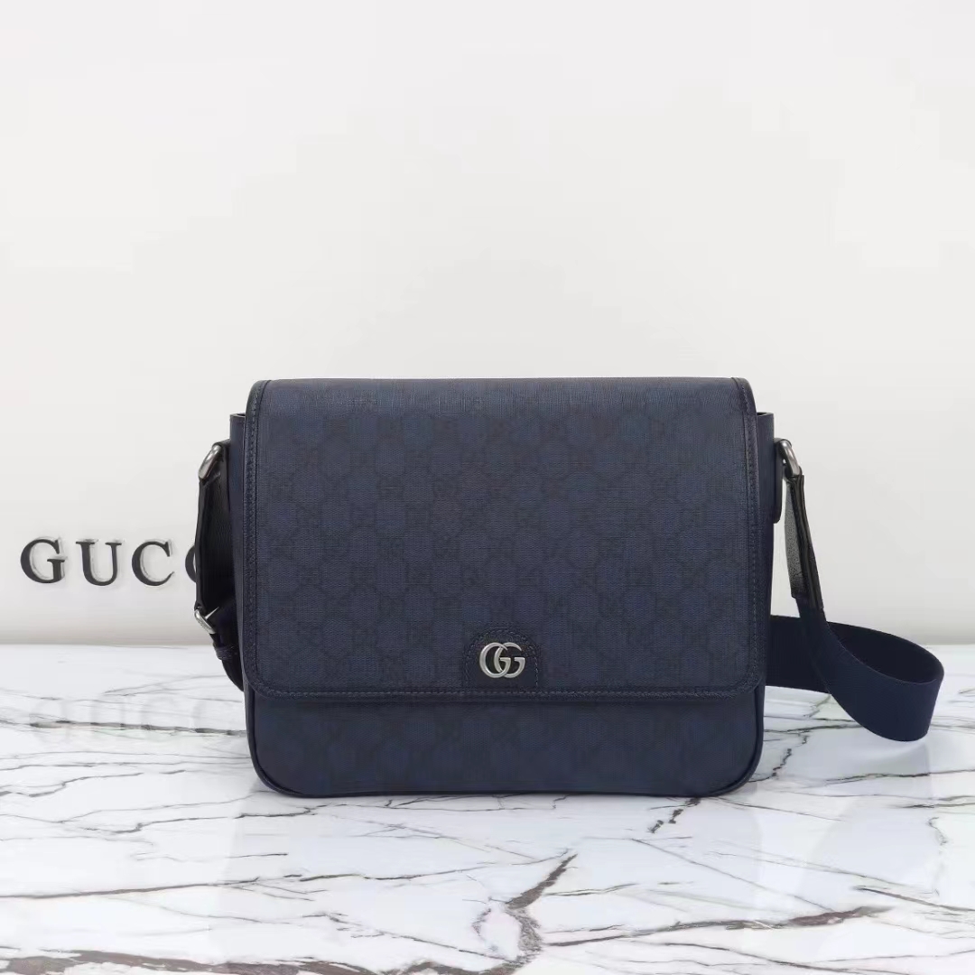Gucci Unisex GG Ophidia Medium Messenger Bag Blue Black Supreme Tender Canvas Double G