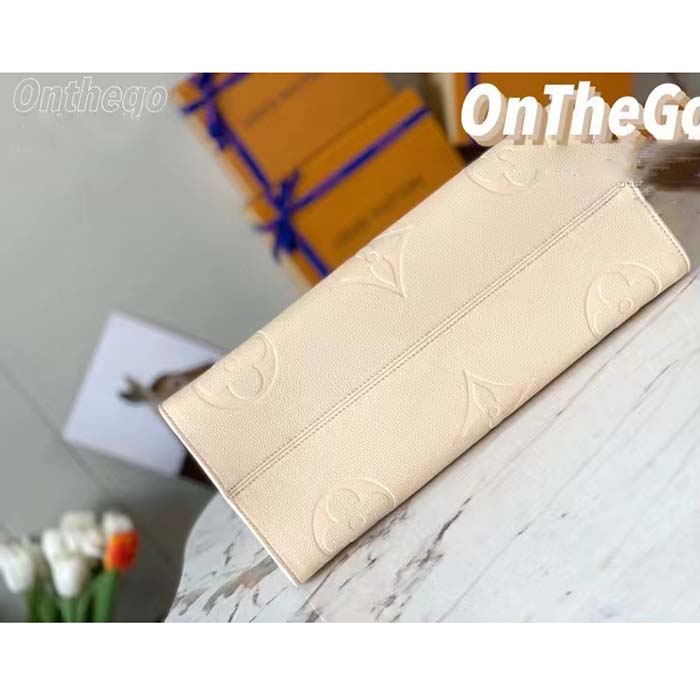 Louis Vuitton Women Onthego MM Tote Bag Crème Beige Embossed Grained Cowhide Leather