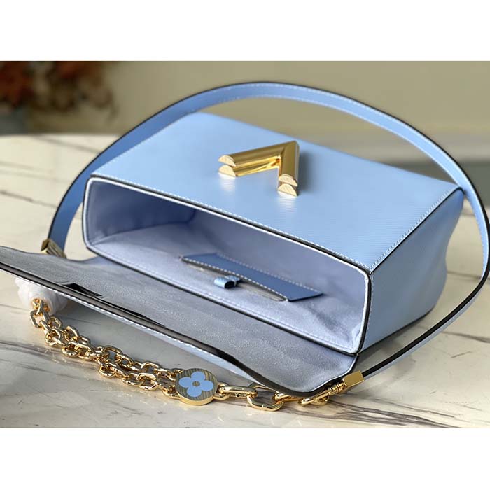 Louis Vuitton LV Women Twist MM Handbag Bleu Nuage Blue Epi Grained Leather