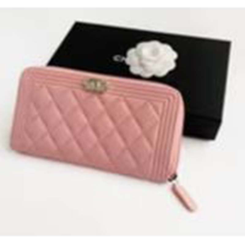 Chanel Women Boy Chanel Pink Long Zipped Wallet Grained Calfskin Leather