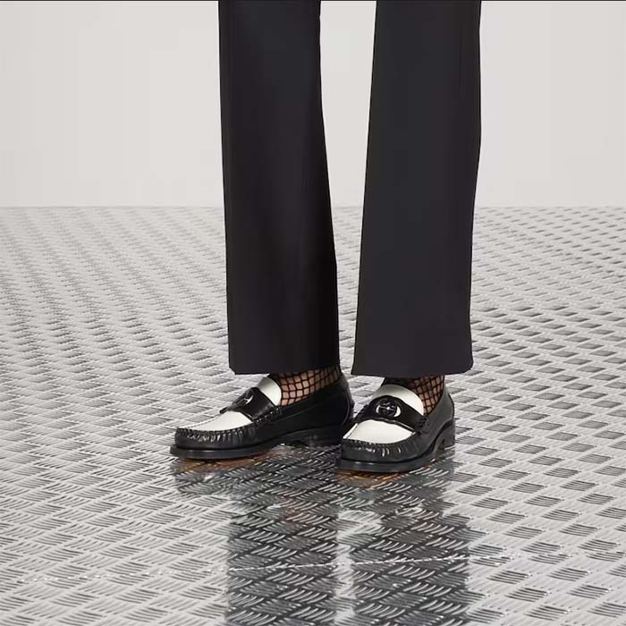 Gucci Unisex GG Interlocking G Loafer Black White Leather Sole Flat 1.5 CM Heel