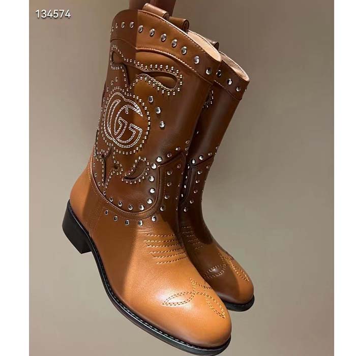 Gucci Women GG Boot Double G Embroidery Studs Brown Leather Low 3.6 CM Heel