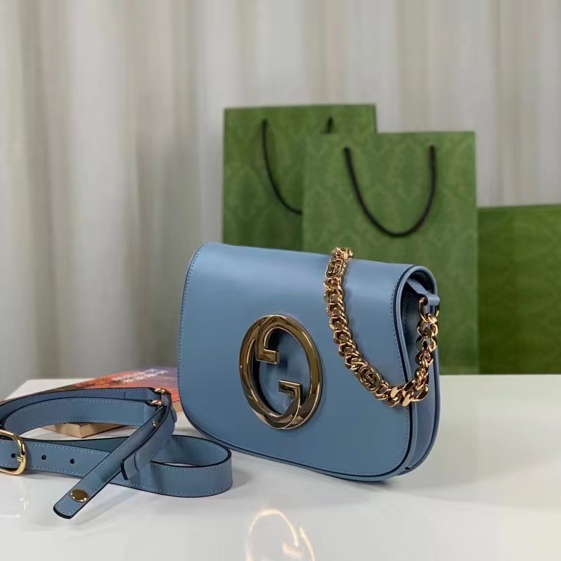 Gucci Women GG Blondie Mini Bag Light Blue Leather Round Interlocking G