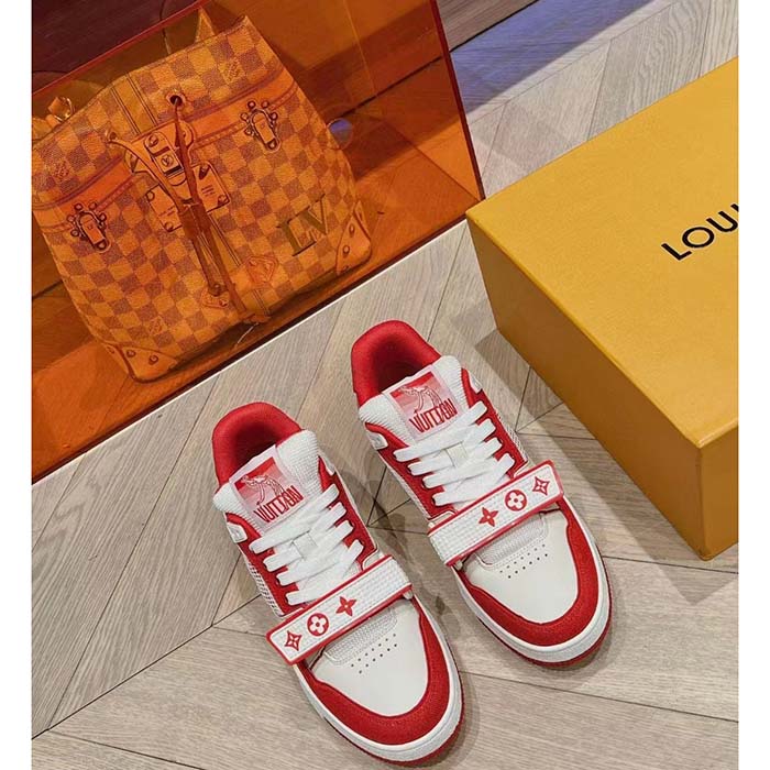 Louis Vuitton LV Unisex Trainer Sneaker Red Monogram Denim Rubber Outsole Monogram Flower