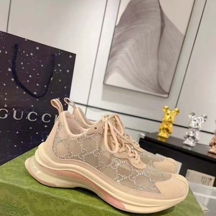 Gucci Women GG Gucci Run GG Crystal Mesh Sneaker Pink Suede Mid 6 CM Heel