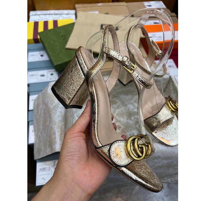 Gucci Women GG Metallic Laminate Leather Mid-Heel Sandal Double G 8 Cm Heel