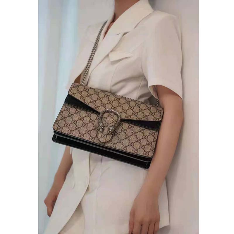 Gucci GG Women Dionysus GG Small Shoulder Bag Beige Ebony GG Supreme Canvas Black Suede