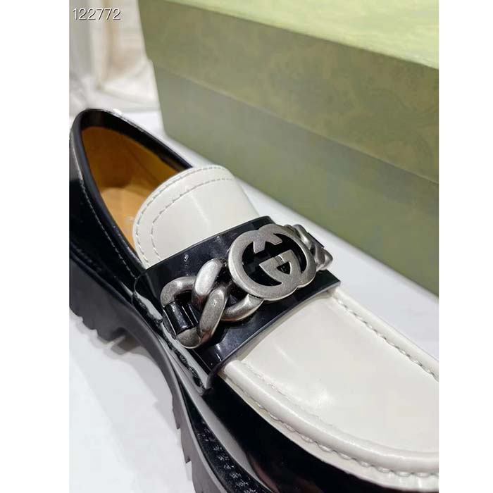 Gucci Women GG Interlocking G Chain Loafer Black White Leather Lug Rubber Sole Flat