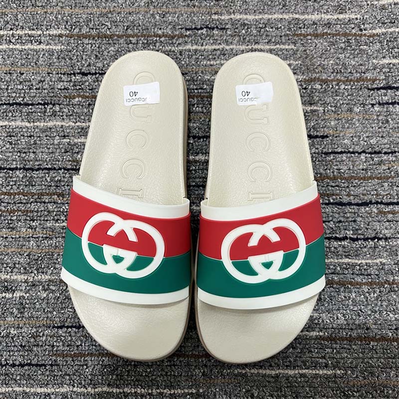 Gucci Women Interlocking G Slide Sandal Striped Rubber White Footbed Rubber Sole Flat