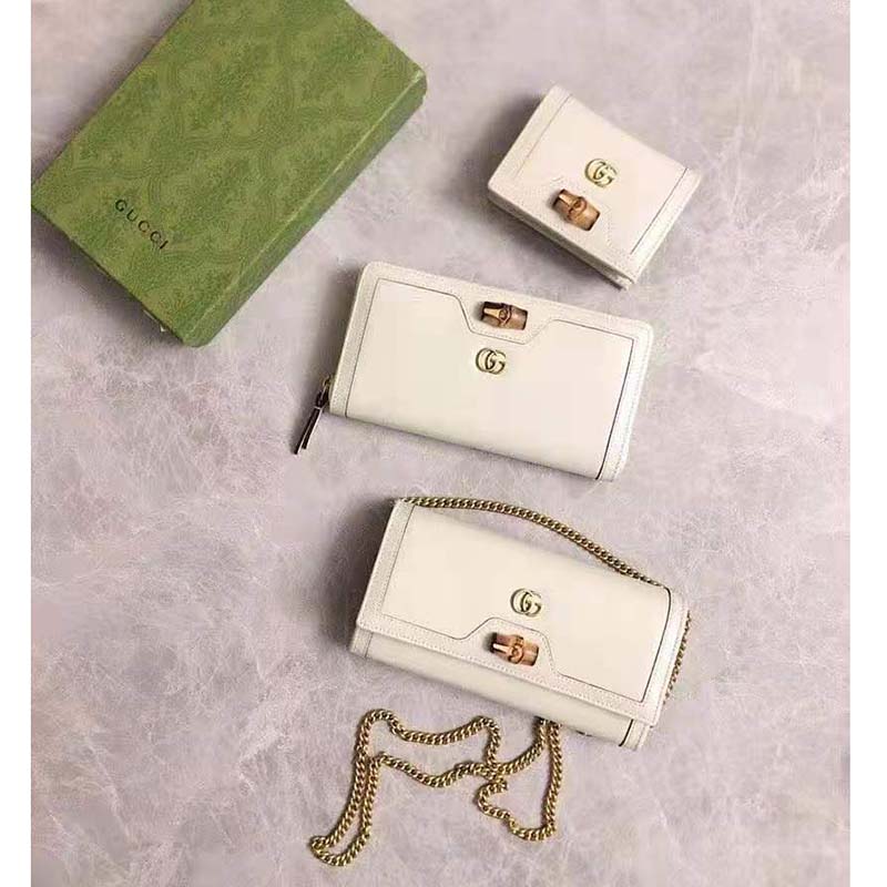 Gucci Women Gucci Diana Chain Wallet with Bamboo Double G White Leather