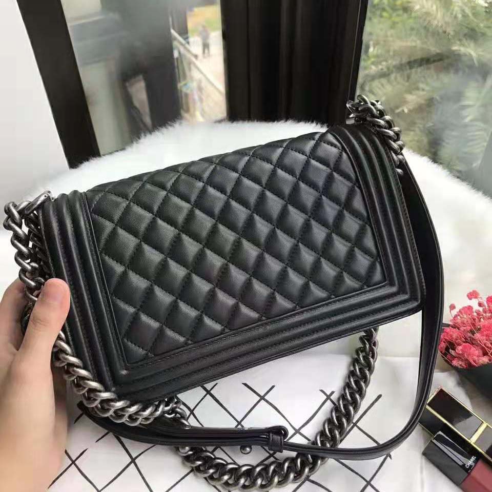 Chanel Boy Chanel Handbag in Calfskin & Ruthenium-Finish Metal-Black