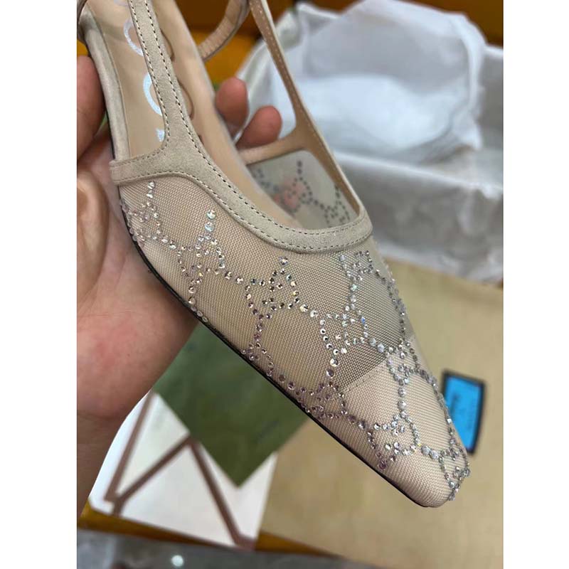 Gucci Women GG Slingback Pump Rose Beige Mesh Crystals Kitten 4 Cm Heel