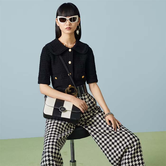 Gucci Women Petite GG Small Shoulder Bag Black White Leather Double G