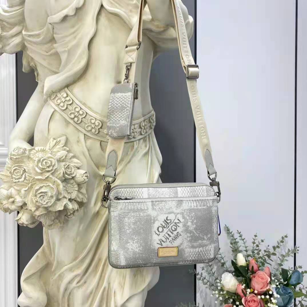 Louis Vuitton LV Unisex Trio Messenger Stone Gray Damier Salt Canvas Cowhide Leather