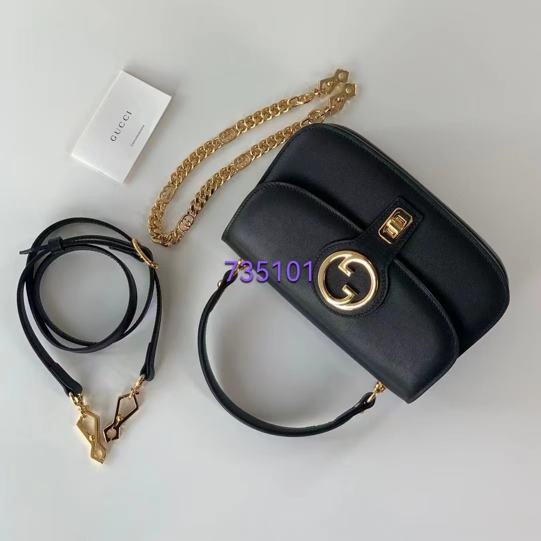 Gucci Women GG Blondie Small Top Handle Bag Black Leather Round Interlocking G