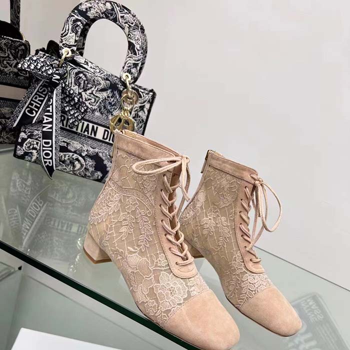 Dior Women CD Naughtily-D Heeled Ankle Boot Embroidered Signature Suede Calfskin Laces