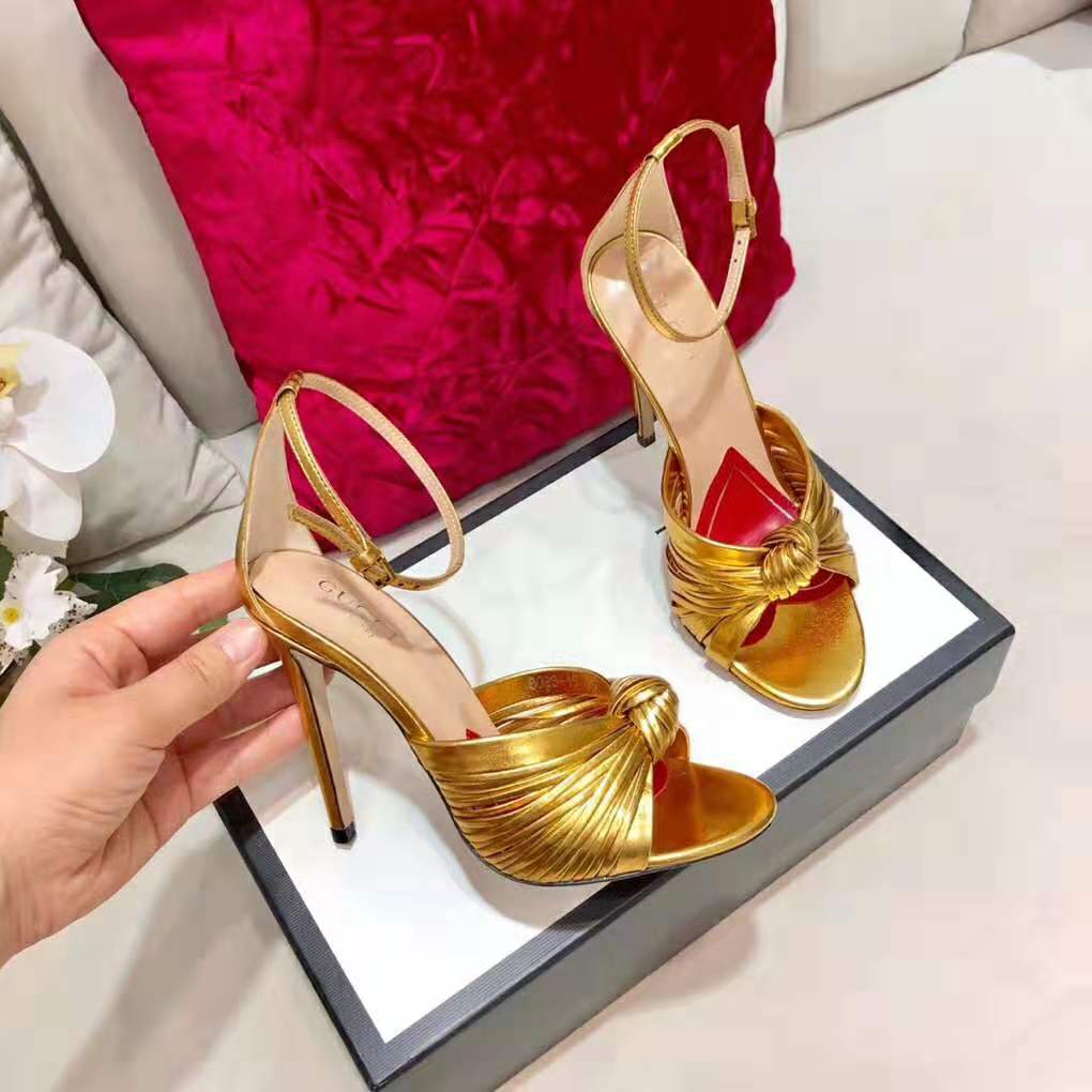 Gucci Women Metallic Leather Sandal in 10.4cm Heel Height-Gold