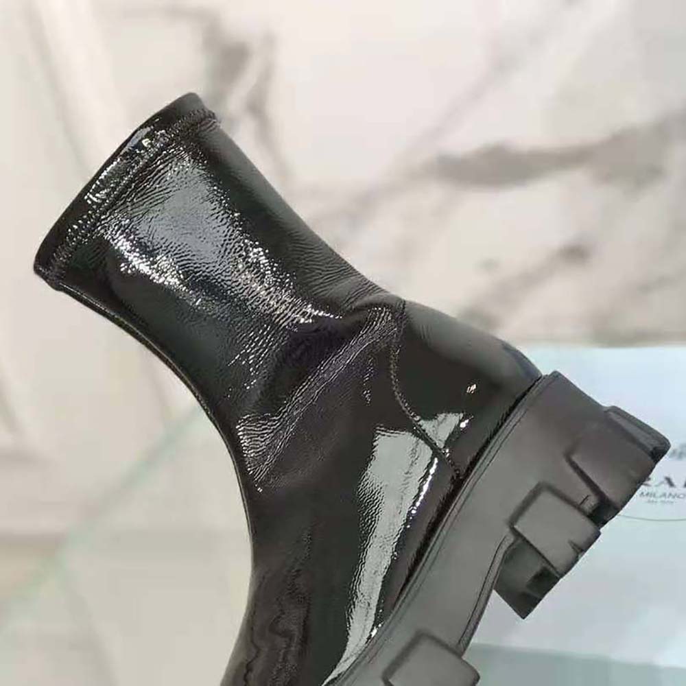Prada Women Monolith Pointy Technical Patent Leather Booties