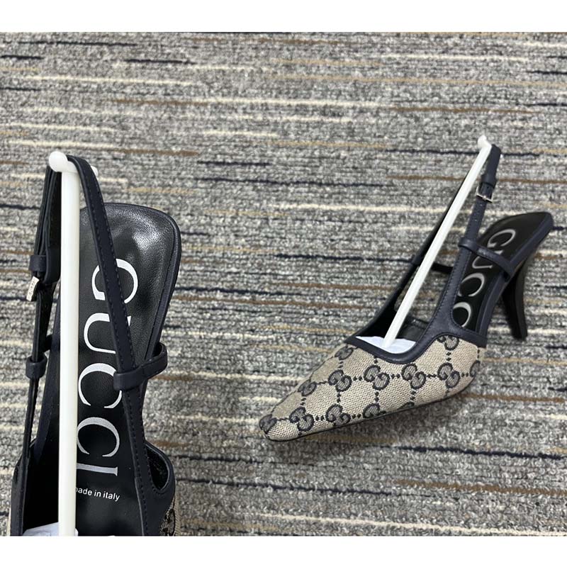 Gucci Women Slingback Pump Beige Blue GG Supreme Canvas Low 3 cm Heel