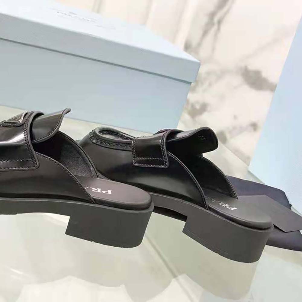 Prada Women Chocolate Brushed Leather Mules-Black