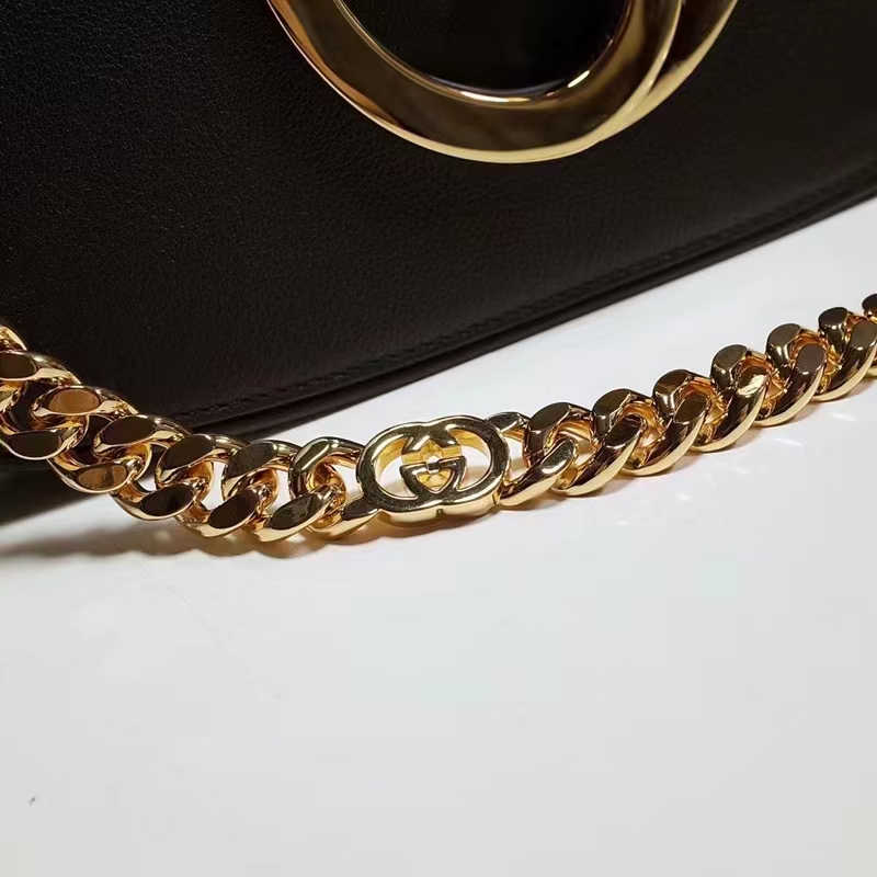 Gucci Women GG Blondie Shoulder Bag Black Leather Round Interlocking G