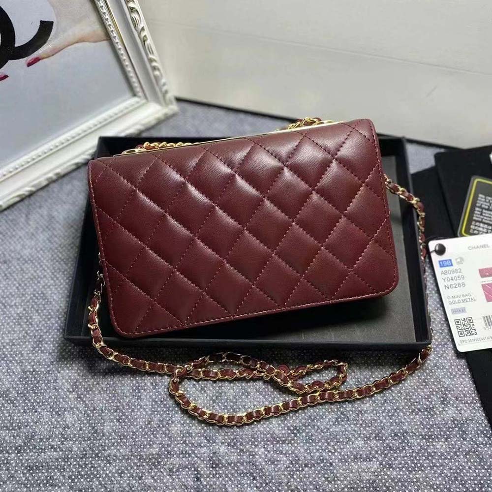 Chanel Women Mini Flap Bag Calfskin & Gold-Tone Metal-Maroon