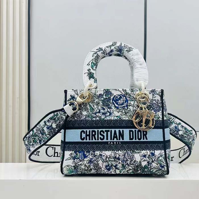 Dior Women CD Medium Lady D-Lite Bag White Multicolor Flowers Constellation Embroidery