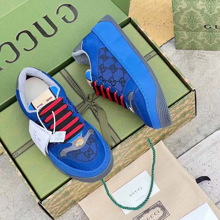 Gucci Unisex Screener GG Sneaker Blue Black Canvas Suede Dark Grey Leather Low Heel
