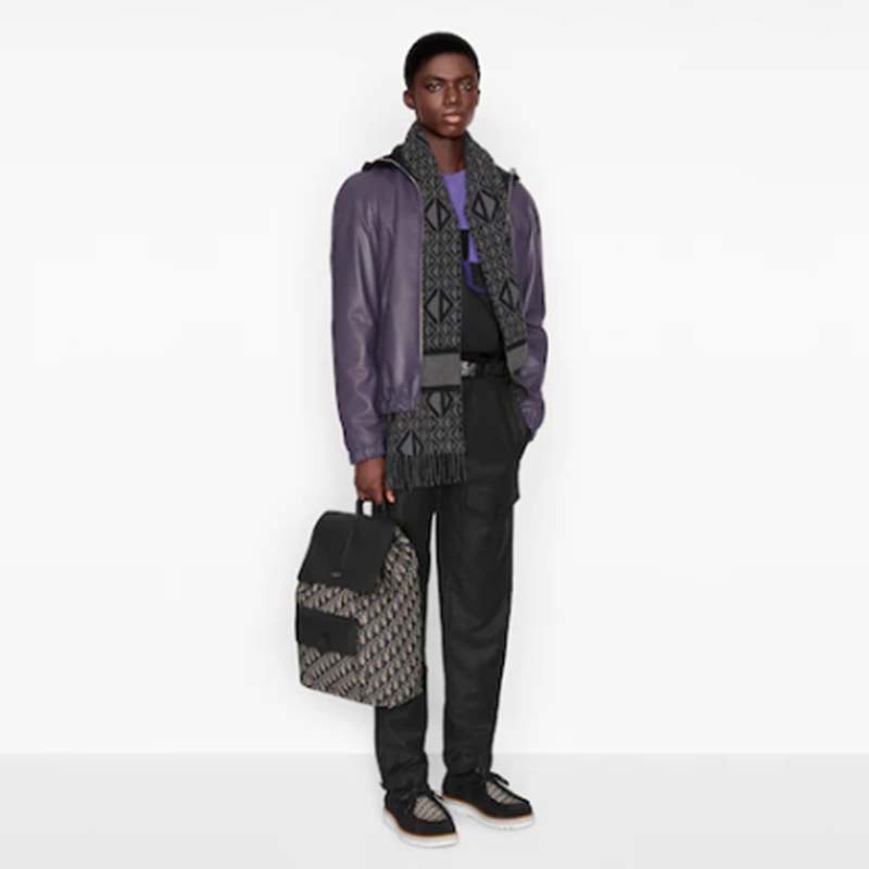 Dior Unisex CD Motion Backpack Beige Black Oblique Jacquard Black Grained Calfskin