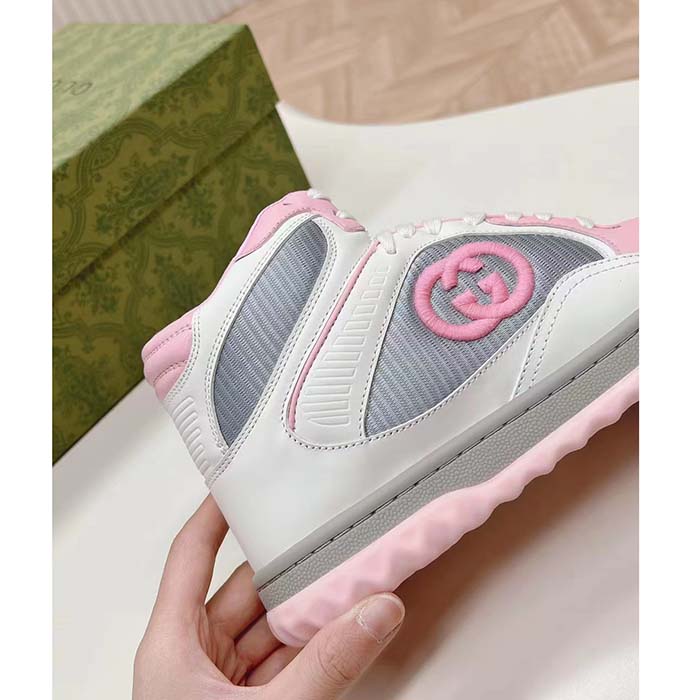 Gucci Unisex Mac80 High Top Sneaker Off White Pink Leather Round Toe Rubber Sole Flat