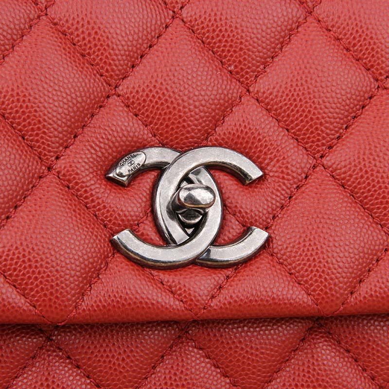 Chanel Women Flap Bag with Top Handle in Grained Calfskin Leather-Red