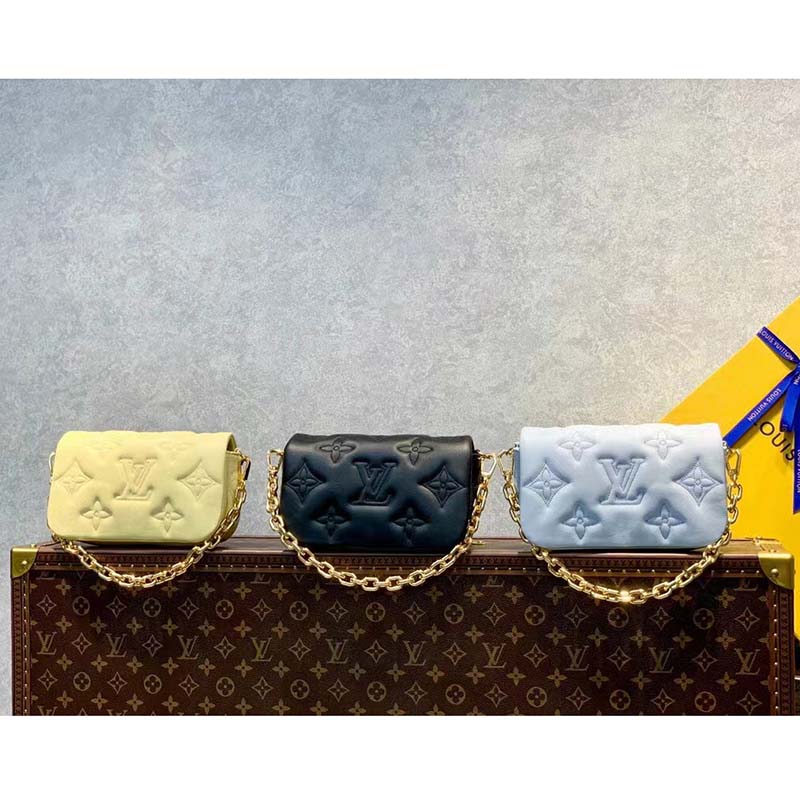 Louis Vuitton LV Women Wallet On Strap Bubblegram Blue Monogram Embroidered Quilted Calf