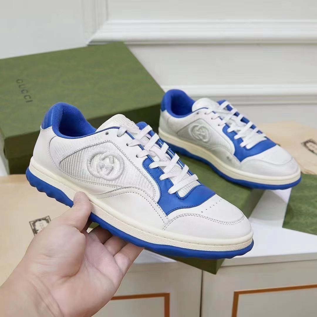 Gucci Unisex GG MAC80 Sneaker Off White Blue Leather Round Toe Rubber Flat
