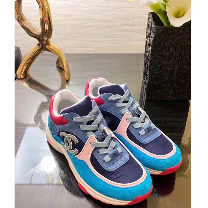 Chanel Women CC Low Top Logo Sneakers Calfskin Suede Blue Leather