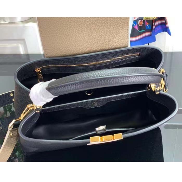 Louis Vuitton LV Women Capucines MM Handbag Black Fusain Cognac Taurillon Cowhide Leather