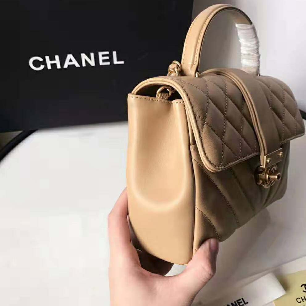 Chanel Women Flap Bag with Top Handle in Calfskin-Sandy