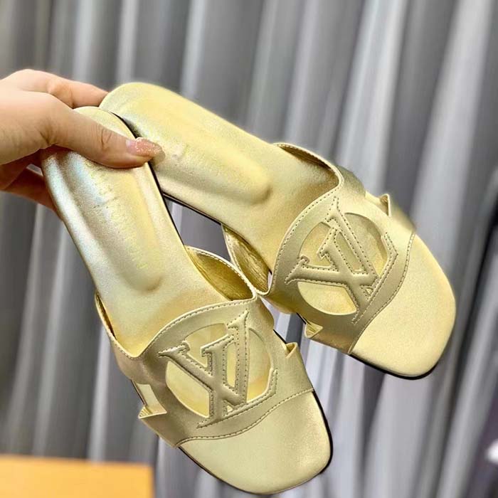 Louis Vuitton LV Unisex Isola Flat Mule Gold Metallic Lamb Leather Circle Signature